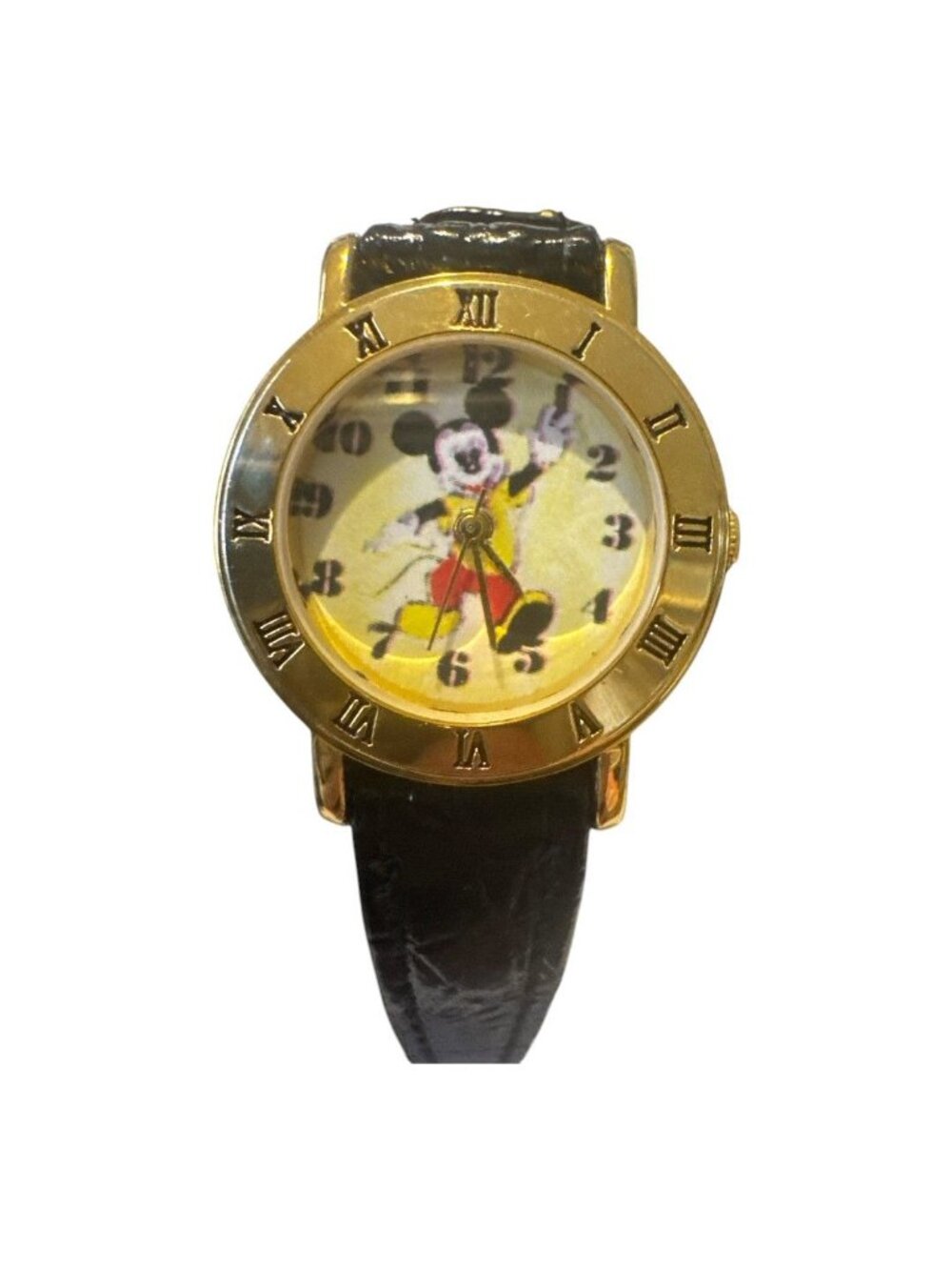 Vintage Mickey Mouse Watch With Roman Numerals & Black Leather Band Gold-Tone Ca